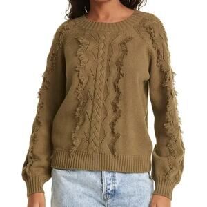 Rails Francis Cable & Fringe Cotton Blend Sweater in Olive Green